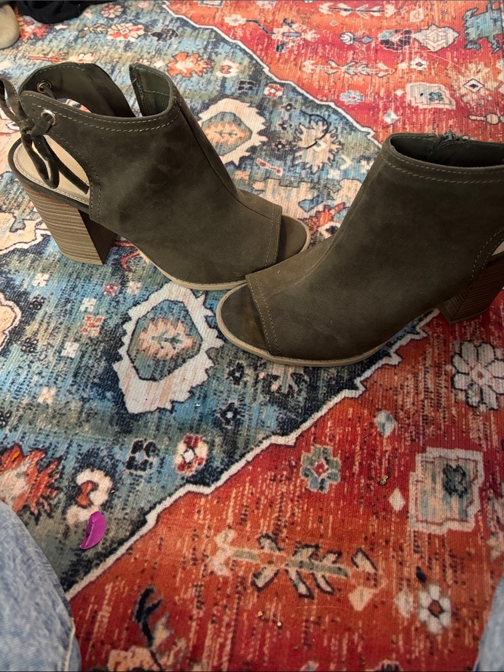 LC Lauren Conrad Olive Open-Toe Block Heel Booties